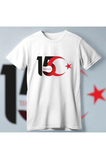 15 Temmuza Özel Tasarım Ay Yıldız Baskılı T-shirt - Beyaz resmi